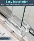 Bottom Guide For Sliding Shower Doors With 3/8 Inch Channel Fits Glass Up To 3/8 Inch Thick Top Hung Track Durable Plastic Guide Pack Of 2 Includes 2 Inch Bottom Track For Easy Alignment And Smooth Quiet Sliding, shown installed with screws on glass door.