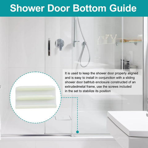 Installed Sliding Shower Door Bottom Track with inset view of Glass Shower Door Plastic Track M6219, suitable for 7/16-inch thick glass.