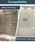 Sliding shower door and tub enclosure compatibility with Bottom Guide For Sliding Shower Doors With 3/8 Inch Channel Fits Glass Up To 3/8 Inch Thick Top Hung Track Durable Plastic Guide Pack Of 2 Includes 2 Inch Bottom Track For Easy Alignment And Smooth Quiet Sliding