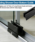 Replacement Sliding Shower Door Bottom Guide For Standard Glass Doors Half Inch By Three Inch Black Plastic Track With Screws Durable Quiet Operation Wide Compatibility Up To Half Inch Panel Thickness Includes Two Guides shown installed on glass door