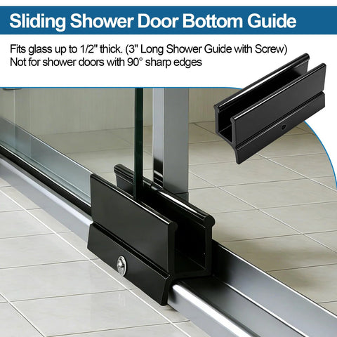 Replacement Sliding Shower Door Bottom Guide For Standard Glass Doors Half Inch By Three Inch Black Plastic Track With Screws Durable Quiet Operation Wide Compatibility Up To Half Inch Panel Thickness Includes Two Guides shown installed on glass door