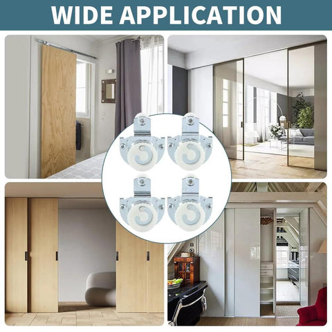 4 Piece Sliding Wardrobe Door Roller Kit With Two Roller Types And 8 Screws For Smooth Quiet Closet Cabinet Sliding Includes 2.2 Cm Wheel Diameter And Offset Width 0.95 Cm And 0.44 Cm Easy To Install displayed with various sliding doors.