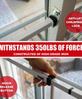 Sliding Door Security Bar-Child Proof Sliding Door Lock Bar with Anti Lift Lock installed on patio door, showing quick release button.