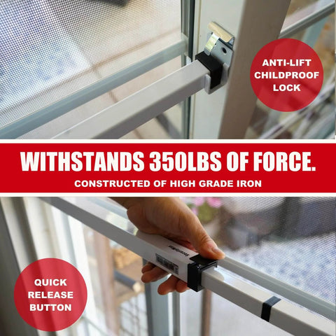 Sliding Door Security Bar-Child Proof Sliding Door Lock Bar with Anti Lift Lock installed on patio door, showing quick release button.