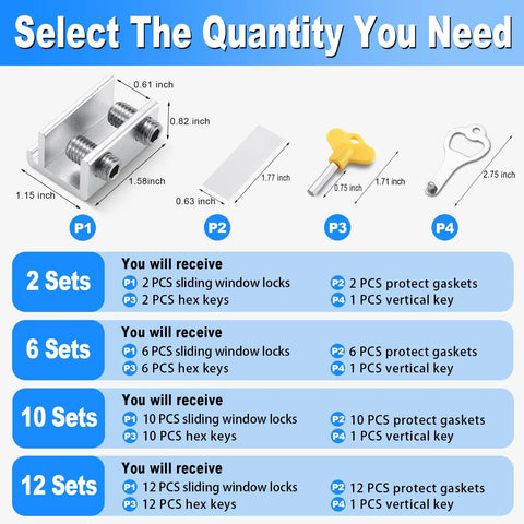 Infographic showing quantities and contents of Two Pack Sliding Window Locks With Keyed Security, including lock, keys, and gaskets.