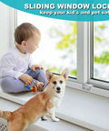 Sliding Window Locks Set Of 4 With Keys, Adjustable Aluminum Window Stops on windowsill with child and corgi, ensuring safety at home