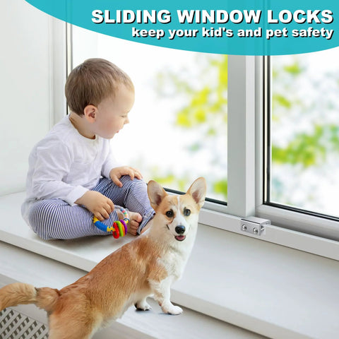 Sliding Window Locks Set Of 4 With Keys, Adjustable Aluminum Window Stops on windowsill with child and corgi, ensuring safety at home