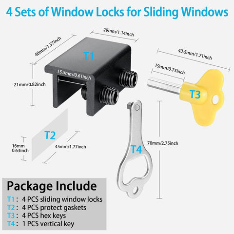 Diagram showing components of 4 Pack Sliding Window Locks With Key For Vertical And Horizontal Sliding Windows And Doors