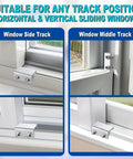 Sliding Window Locks Set Of 4 With Keys, Adjustable Aluminum Window Stops, shown in vertical and horizontal installation on window tracks