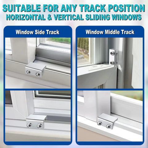 Sliding Window Locks Set Of 4 With Keys, Adjustable Aluminum Window Stops, shown in vertical and horizontal installation on window tracks
