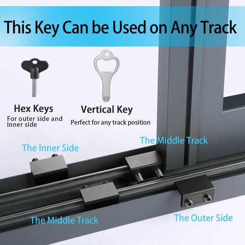 4 Pack Sliding Window Locks With Key showing lock and key components for sliding doors and windows on multiple tracks