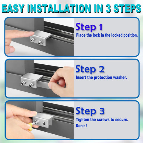 Easy installation in 3 steps for Sliding Window Locks Set Of 4 With Keys, Adjustable Aluminum Window Stops for secure track fit in silver.