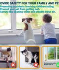 Child and dog looking out of window with safety message, demonstrating Sliding Window Locks Set Of 4 With Keys, keeping windows secure.