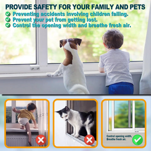 Child and dog looking out of window with safety message, demonstrating Sliding Window Locks Set Of 4 With Keys, keeping windows secure.