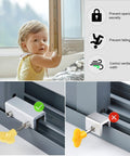 Child proofing with four sets sliding window locks with key for vertical and horizontal sliding windows, showing usage and security features.