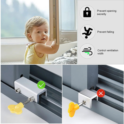 Child proofing with four sets sliding window locks with key for vertical and horizontal sliding windows, showing usage and security features.