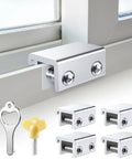 Sliding Window Locks Set Of 4 With Keys, Adjustable Aluminum Window Stops for secure track fit in silver, easy no drill installation