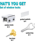 Sliding Window Locks Set Of 4 With Keys, Adjustable Aluminum Window Stops, includes protect gaskets, hex keys, and vertical key.