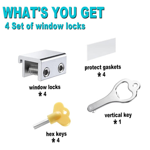 Sliding Window Locks Set Of 4 With Keys, Adjustable Aluminum Window Stops, includes protect gaskets, hex keys, and vertical key.