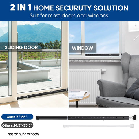Sliding Door Security Bar Adjustable From 17 To 55 Inches With Rubber Tips Heavy Duty Window Lock Bar For Home Security Ideal For Apartments And Travel 2 Pack Black Durable Alloy Construction For Enhanced Security Easy Install showing installation on door and window.