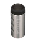 Grip Slim Can Cooler for 12 Oz Slim Energy and Seltzer Cans Vacuum Insulated Stainless Steel, brushed finish cooler with black rim, front angle