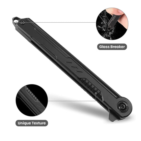 EDC Pocket Knife With 7CR13Mov Steel Tanto Blade Slim Survival Knife showing handle with clip, liner lock, and glass breaker.