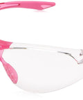 Slim Fit Safety Glasses With Clear Lens Pink Temple Tips Anti Fog Flexible in pink and clear design, side view