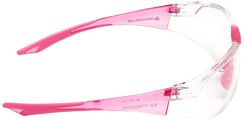 Side view of Slim Fit Safety Glasses With Clear Lens Pink Temple Tips Anti Fog Flexible, showing pink temples and clear lens.