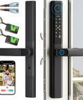 Keyless Sliding Door Lock With Handle For Patio And Glass Doors Featuring Fingerprint Code RFID Card Keypad App Remote Control Slim Frame Fits Door Thickness From One Inch To Four And Three Quarters Inches And Requires Frame Width One Point Eight Inches with accessories