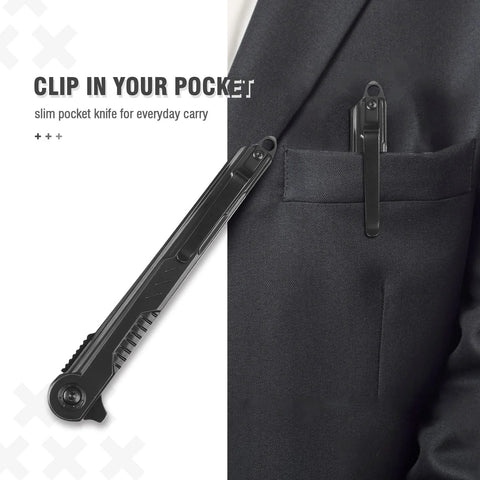 EDC Pocket Knife With 7CR13Mov Steel Tanto Blade Slim Survival Knife With Clip shown clipped onto a suit pocket