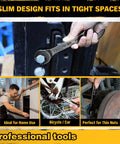 Ultra Slim 19 Piece Open End Wrench Set With Roll Up Pouch used on bike, car, and home tools, showing 3 mm ultra-thin profile in tight spaces.