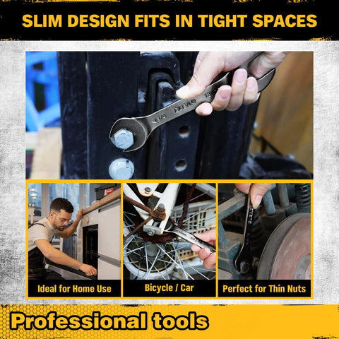 Ultra Slim 19 Piece Open End Wrench Set With Roll Up Pouch used on bike, car, and home tools, showing 3 mm ultra-thin profile in tight spaces.