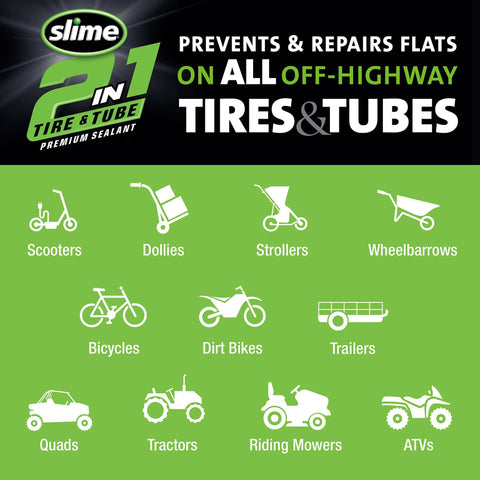 Slime 10193 Tire and Tube Sealant Puncture Repair Sealant, 2-in-1, Premium for non-highway tires and tubes, application chart