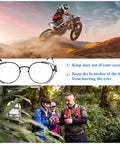 Slip On Safety Glasses Side Shields 2 Pairs Transparent Anti Slip Protectors shown in outdoor settings; dirt biking and hiking.