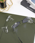 Slip On Safety Glasses Side Shields 2 Pairs Transparent Anti Slip Protectors with eyeglasses on desk