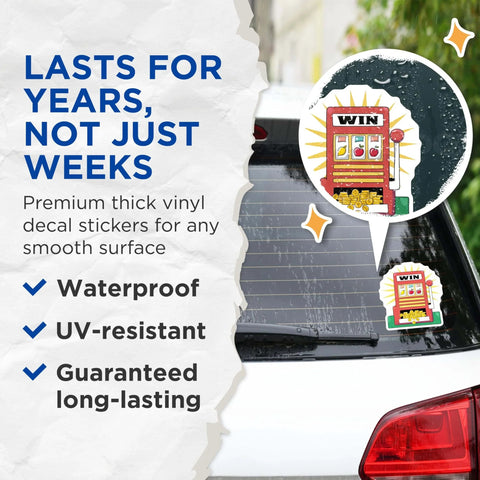 Two Pack Slot Machine Stickers With Dope Casino Theme And Winning Slot Game Vibe, 5 Inch Longest Side, Peel And Stick To Any Smooth Flat Surface, UV Protected And Fade Resistant For Indoor Or Outdoor Use, Made In USA, applied on car window.