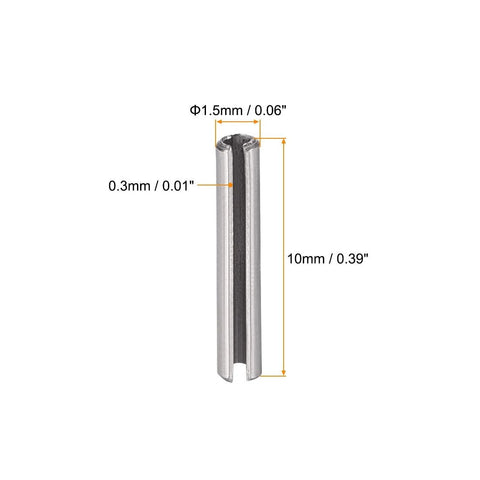 Close-up of a Slotted Spring Pin M1.5 X 10mm 304 Stainless Steel, showing dimensions and axial slotted design for quick secure positioning.