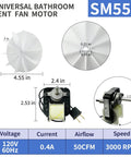 SM550 Universal Bathroom Vent Exhaust Fan Motor Replacement Kit with fan blade, dimensions, and specifications