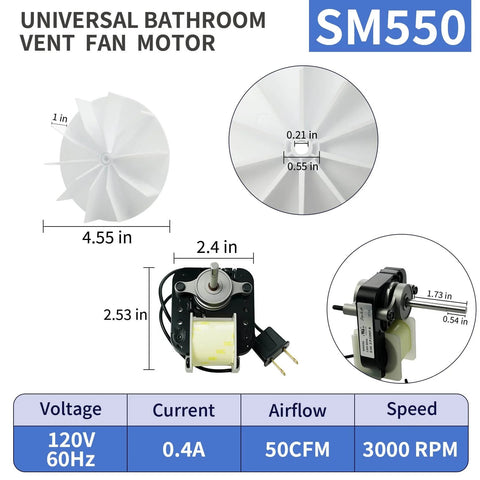SM550 Universal Bathroom Vent Exhaust Fan Motor Replacement Kit with fan blade, dimensions, and specifications