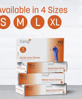 Boxes of Non Latex Powder Free Nitrile Exam Gloves 100 Count in various sizes S, M, L, XL stacked against a white wall.
