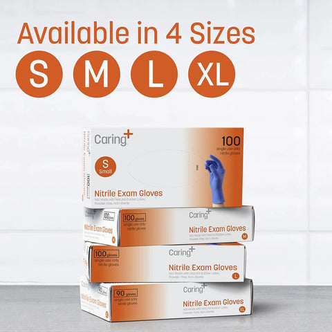 Boxes of Non Latex Powder Free Nitrile Exam Gloves 100 Count in various sizes S, M, L, XL stacked against a white wall.
