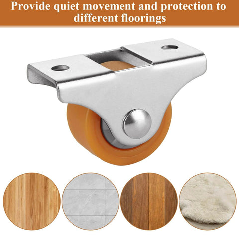 Close-up of 1-inch mini fixed silent ball bearing caster with metal top plate and TPE rubber wheel, shown against flooring options.