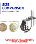 Size comparison of 1 Inch Small Caster Wheels With 2 Brakes And Screws M6x15mm against coins