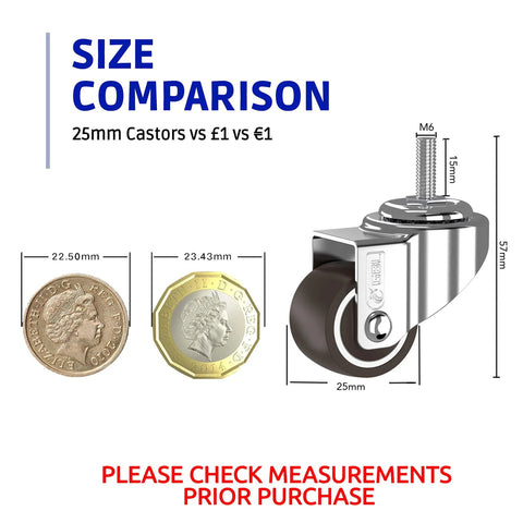 Size comparison of 1 Inch Small Caster Wheels With 2 Brakes And Screws M6x15mm against coins