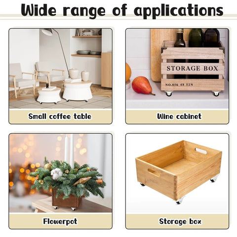 Diagram showing 48 Pcs 1 Inch Small Caster Wheels Mini Rigid Fixed Non Swivel Casters in use with furniture and storage items like coffee table, wine cabinet, flowerpot, and storage box.