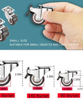 Diagram showing different sizes of caster wheels, including a 1.25 Inch Small Caster Wheels Set of 4 Low Profile 360 Degree Swivel Casters with Rubber Wheels Plate Mount for Small Furniture Projects 2 with Brakes 2 without Total Load 140 Lbs, held in a hand for comparison.