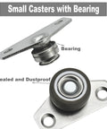 Close-up of small casters with bearings, showing steel plate and sealed, dustproof design for stable, smooth movement.