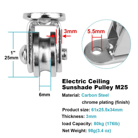 Side view of 8 Pcs 1" Small Pulley Block,Silent Pulley Wheel for 1/8" Cord,Max Load 176 lb showing dimensions and chrome finish.