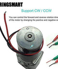 Motor with red and black wires for forward and reverse control, labeled 'BringSmart,' showing wiring setup with clips.