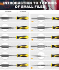 Introduction to 12 kinds of small files from the 19-Piece Metal And Wood File Set With Tool Bag Including Flat Half-Round Round Triangle Steel Files Half-Round Wood File 4-Way File And 12 Needle Files For Metal Wood Jewelry Plastics And Ceramic Work.